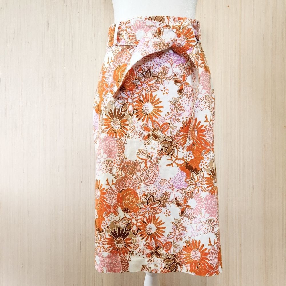 Nordstrom 1901 Retro Orange Pink Floral Belted Pencil Skirt Size 8 Cottagecore